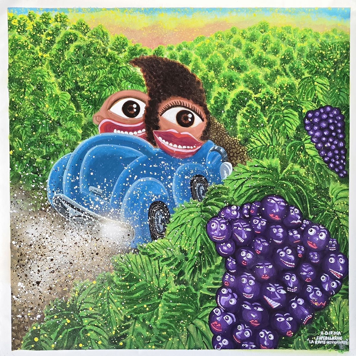 Di Rosa Hervé Sérigraphie sur soie The beginning édition 99 exemplaires 90x90 cm Di Rosa Hervé la route des vignobles Acrylique sur toile 106x106cm