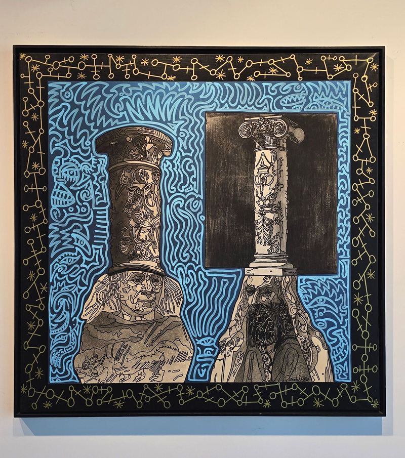 Robert Combas Les vieux sages ou decideurs... 130x130cm Robert Combas Les vieux sages ou décideurs aux colonnes chapeaux qui permettent de maitriser l’énergie cervicale 130x130cm